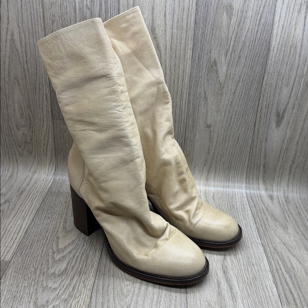 Free People Elle Block Heel Boots Cream Leather Slouch Leather Size 39